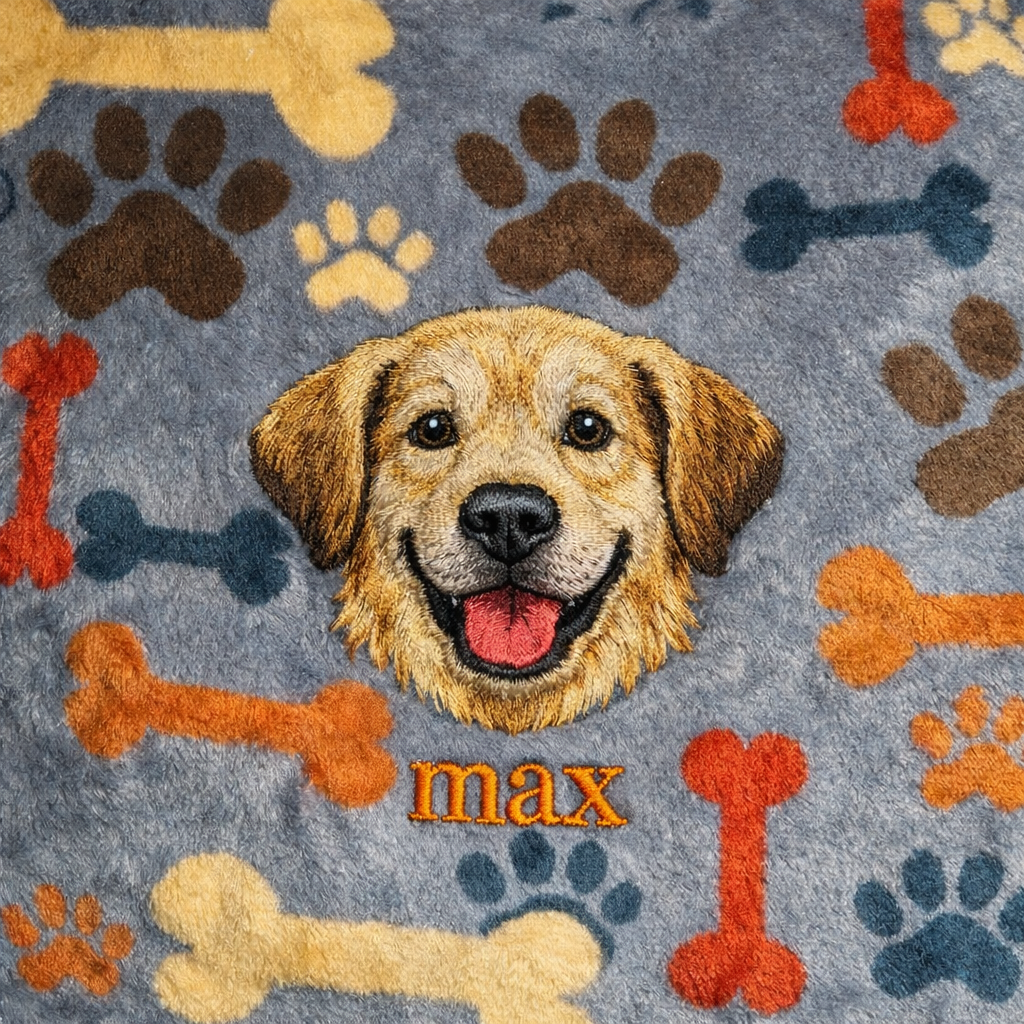 Woof Grey Custom Pet Portrait Blanket β Personalized Dog Embroidery with Name β 75 Γ 100 cm