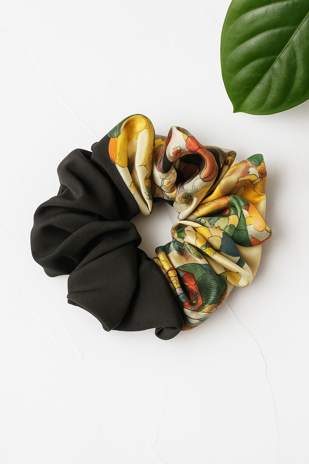 Black & Floral Satin Scrunchie – Botanical Hair Tie