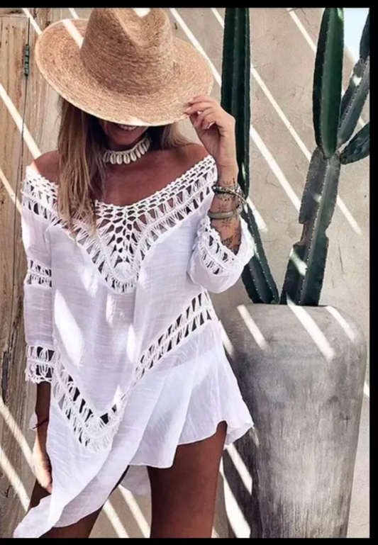 White sarong pareo summer beach cover size 10/12