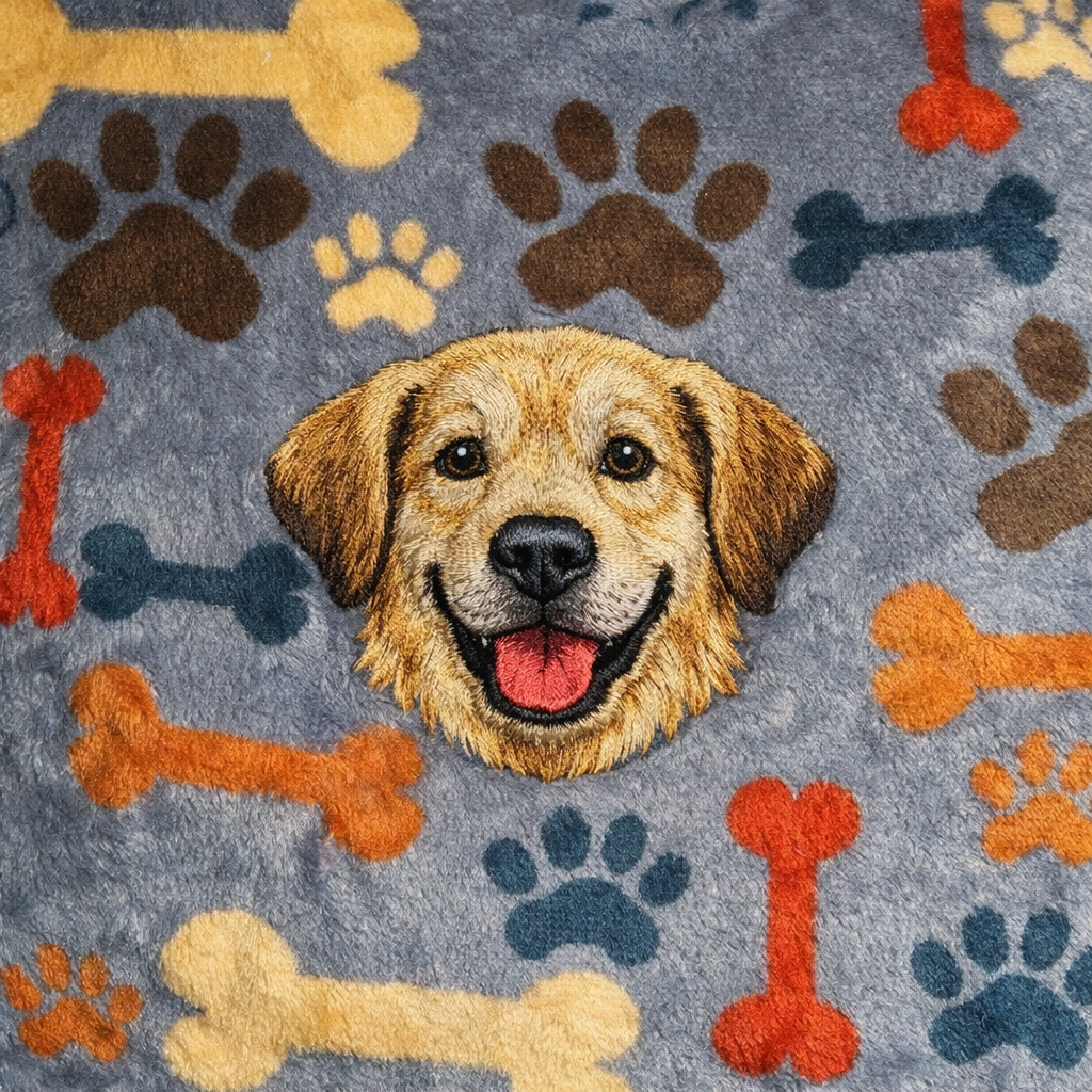 Woof Grey Custom Pet Portrait Blanket – Personalized Dog Embroidery with Name – 145 × 100 cm