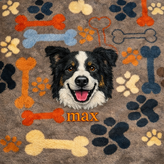 Woof Brown Custom Pet Portrait Blanket – Personalized Dog Embroidery with Name – 75 × 100 cm
